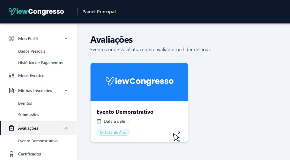 Lista de eventos, com um cartão marcado como Líder de Área.
